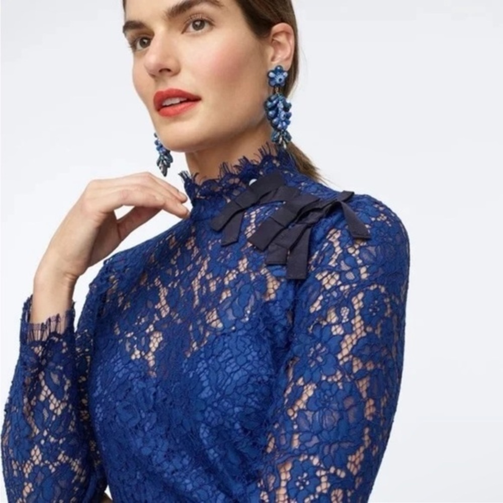 J. Crew Cobalt Blue Mock Neck Bow Detail Long Sleeve Lace Blouse